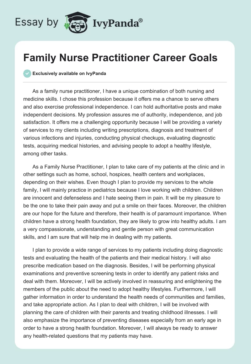 Family Nurse Practitioner Career Goals. Page 1
