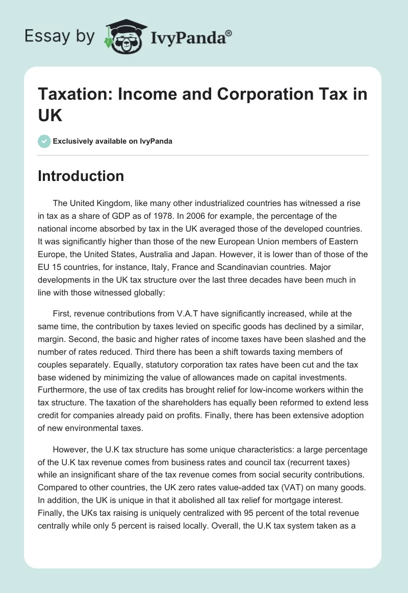 Taxation: Income and Corporation Tax in UK. Page 1