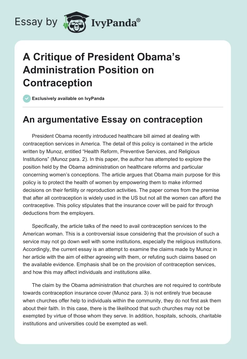 A Critique of President Obama’s Administration Position on Contraception. Page 1