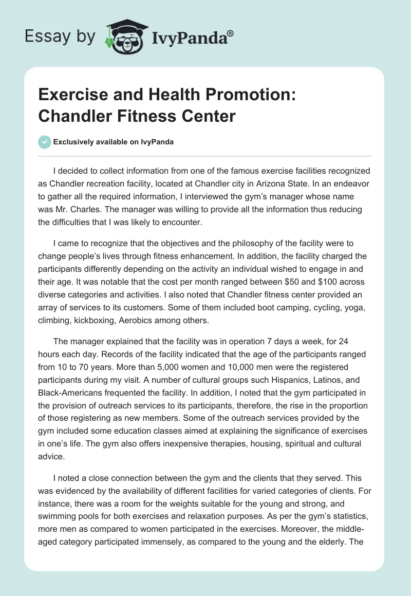 Exercise and Health Promotion: Chandler Fitness Center. Page 1