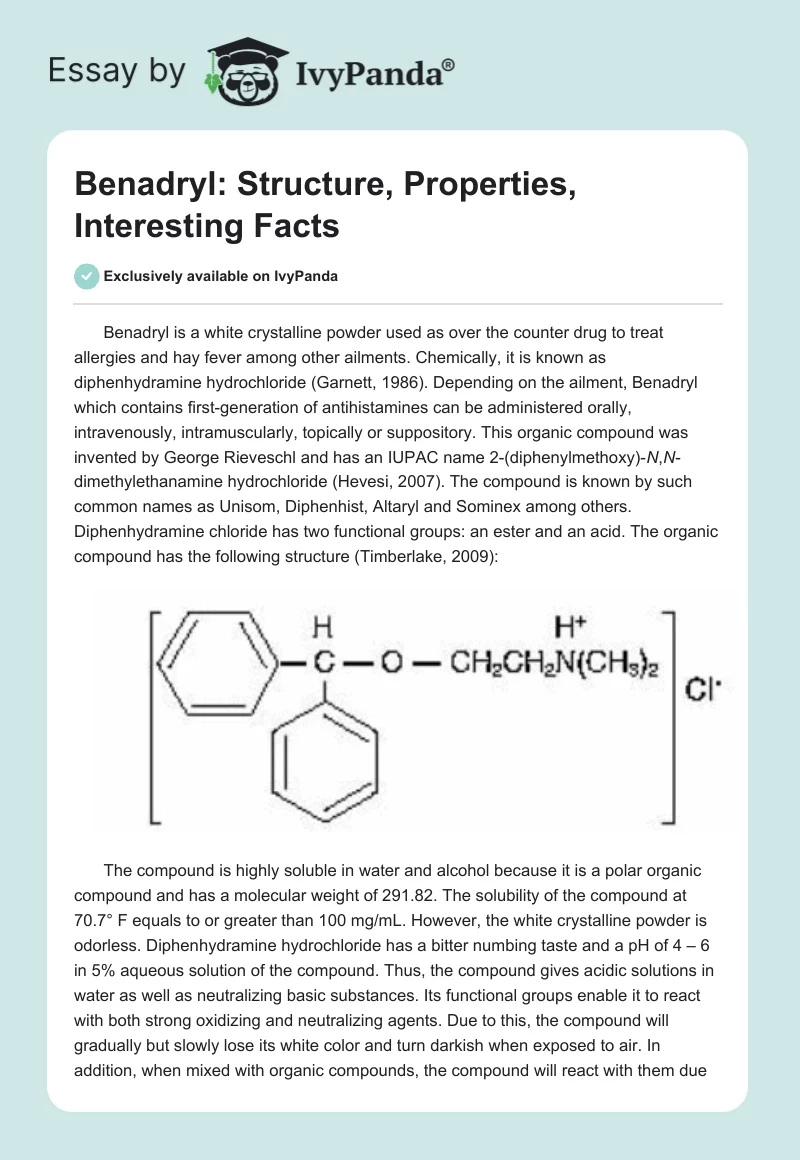 Benadryl: Structure, Properties, Interesting Facts. Page 1