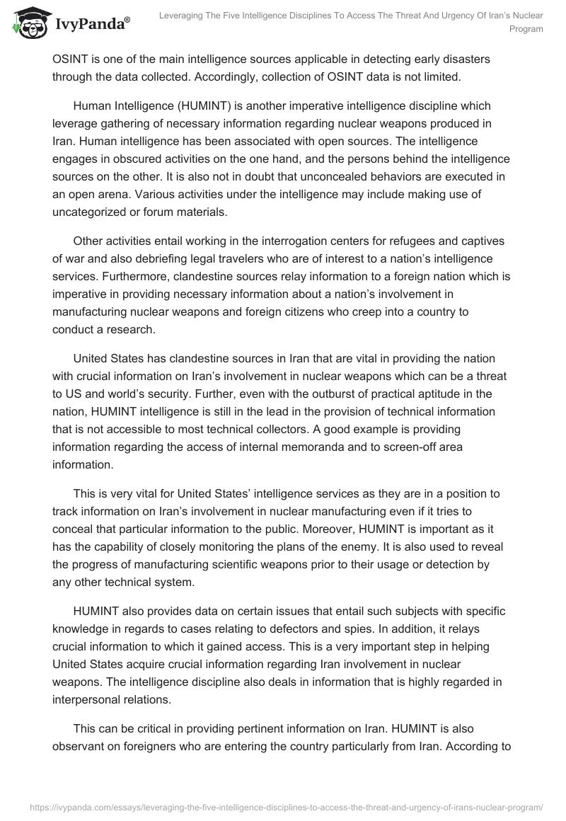 Leveraging the Five Intelligence Disciplines to Access the Threat and Urgency of Iran’s Nuclear Program. Page 2