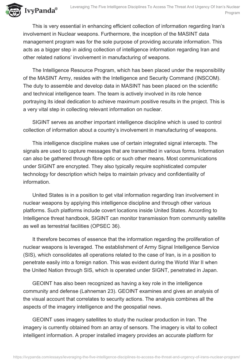 Leveraging the Five Intelligence Disciplines to Access the Threat and Urgency of Iran’s Nuclear Program. Page 4