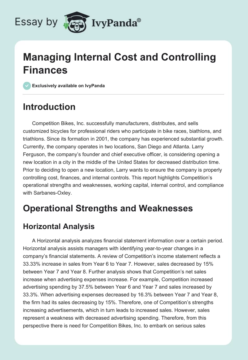 Managing Internal Cost and Controlling Finances. Page 1