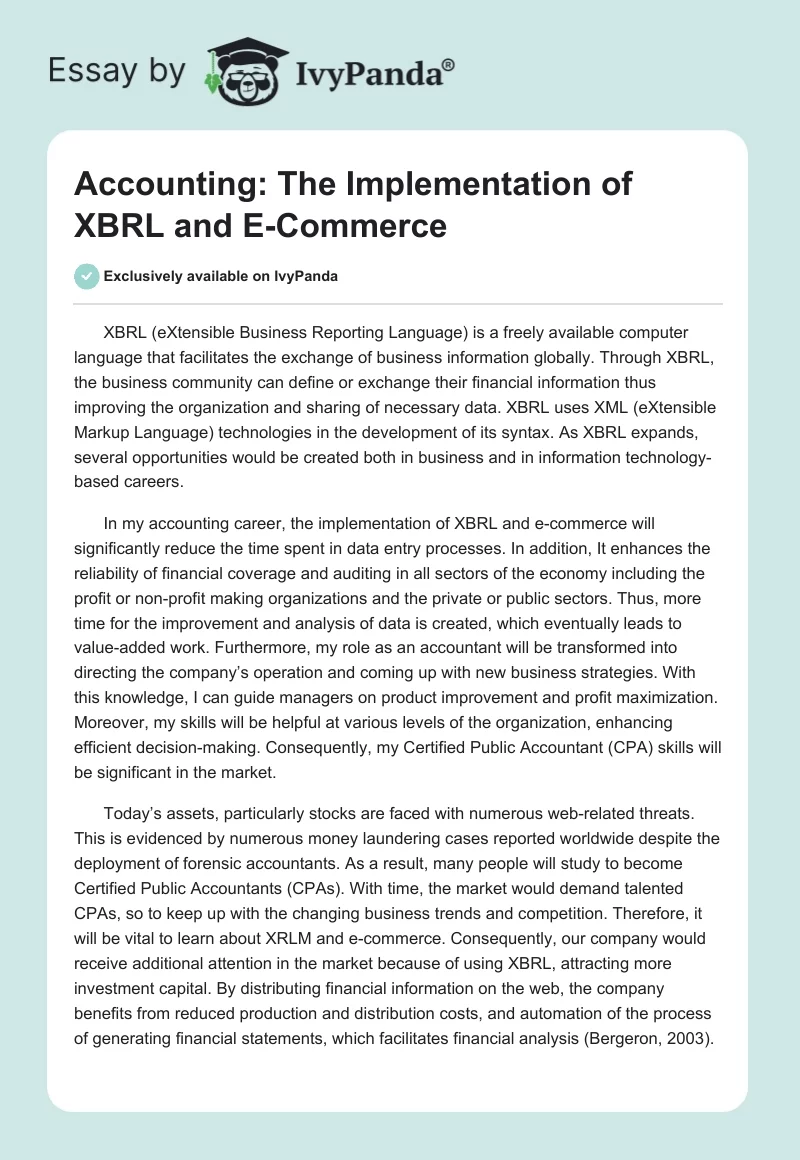 Accounting: The Implementation of XBRL and E-Commerce. Page 1