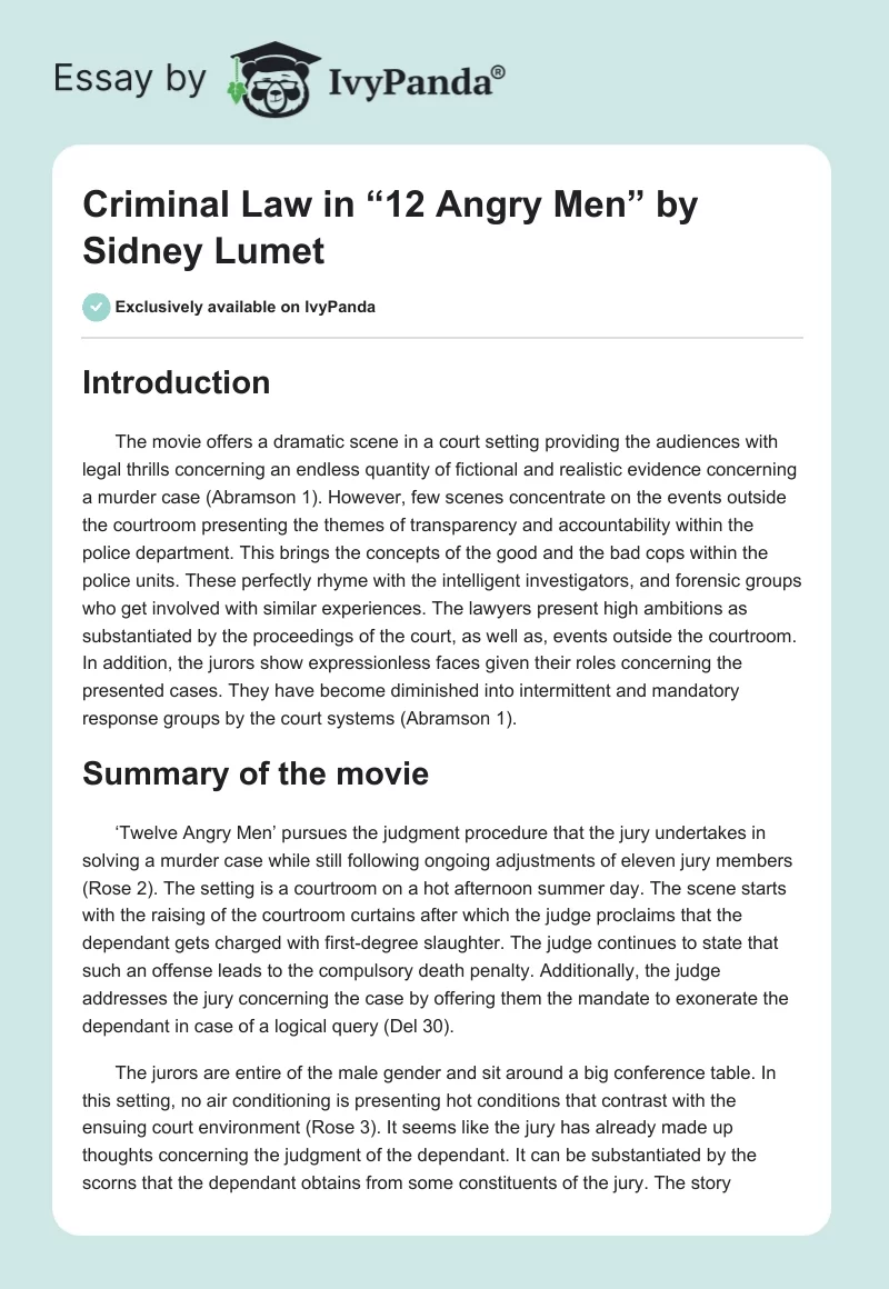 Criminal Law in “12 Angry Men” by Sidney Lumet. Page 1