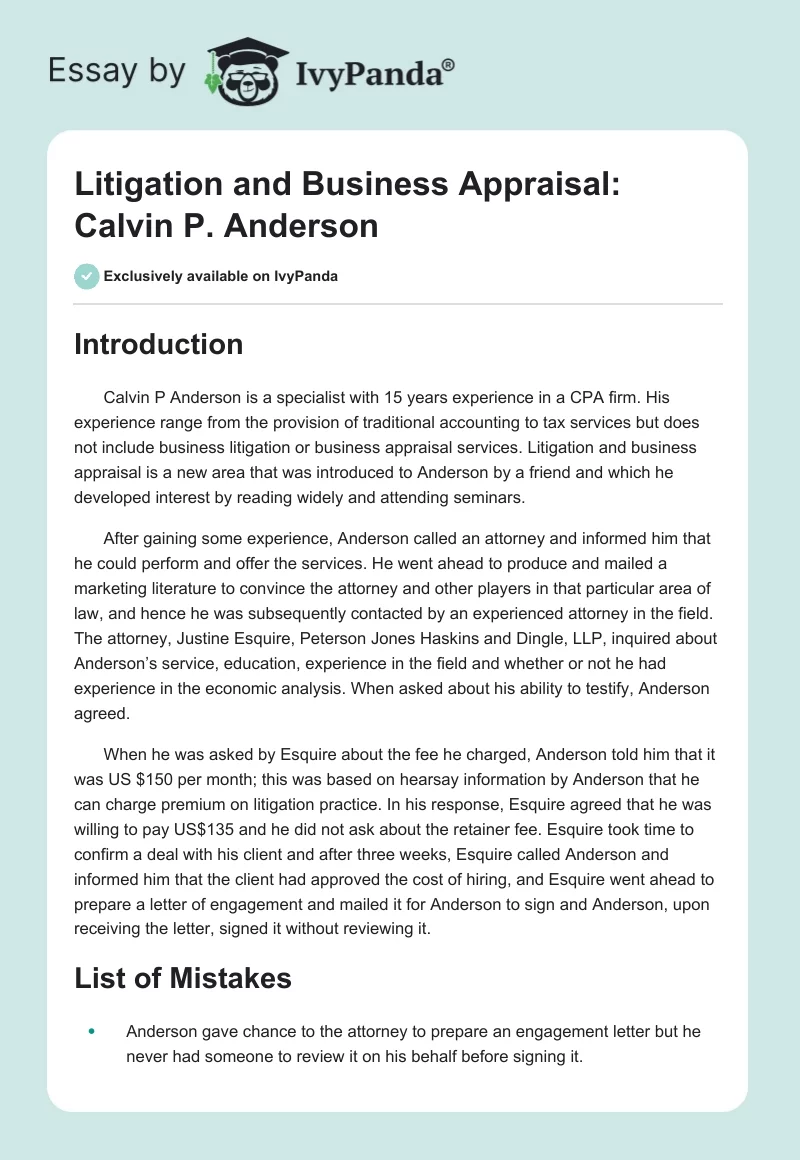 Litigation and Business Appraisal: Calvin P. Anderson. Page 1