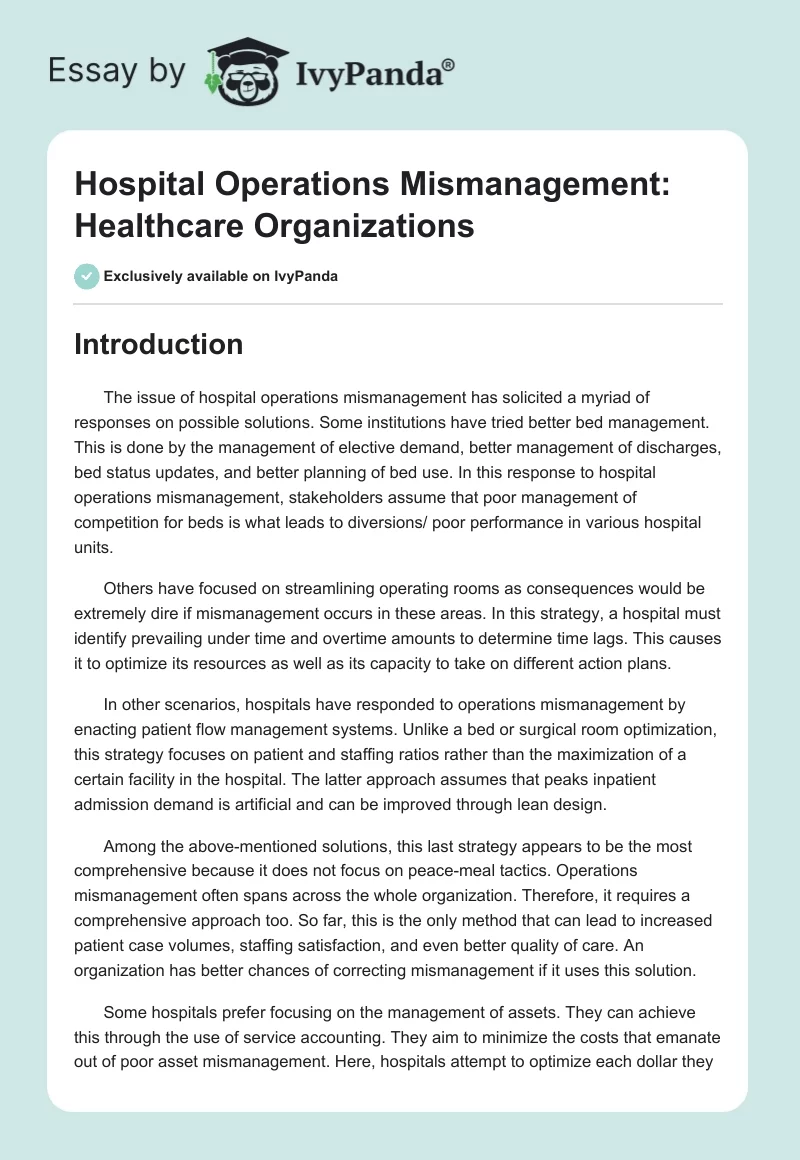 Hospital Operations Mismanagement: Healthcare Organizations. Page 1
