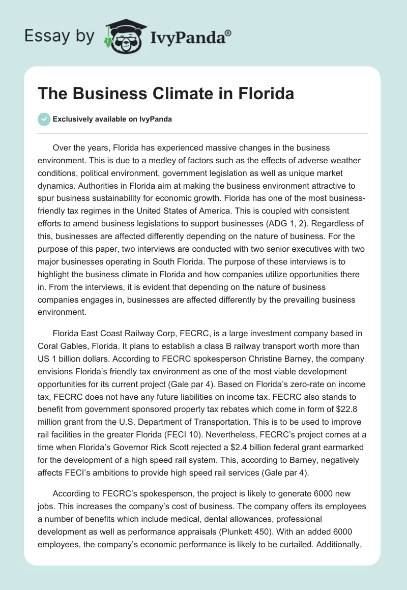 The Business Climate in Florida. Page 1