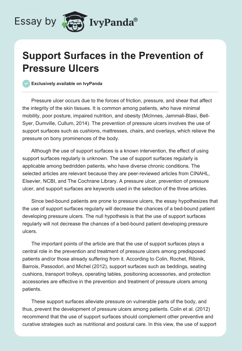 Support Surfaces in the Prevention of Pressure Ulcers. Page 1
