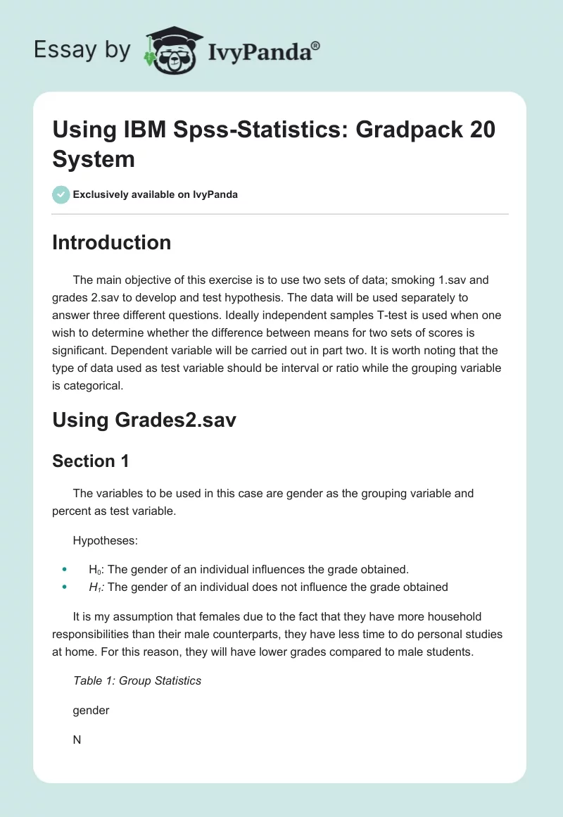 Using IBM Spss-Statistics: Gradpack 20 System. Page 1