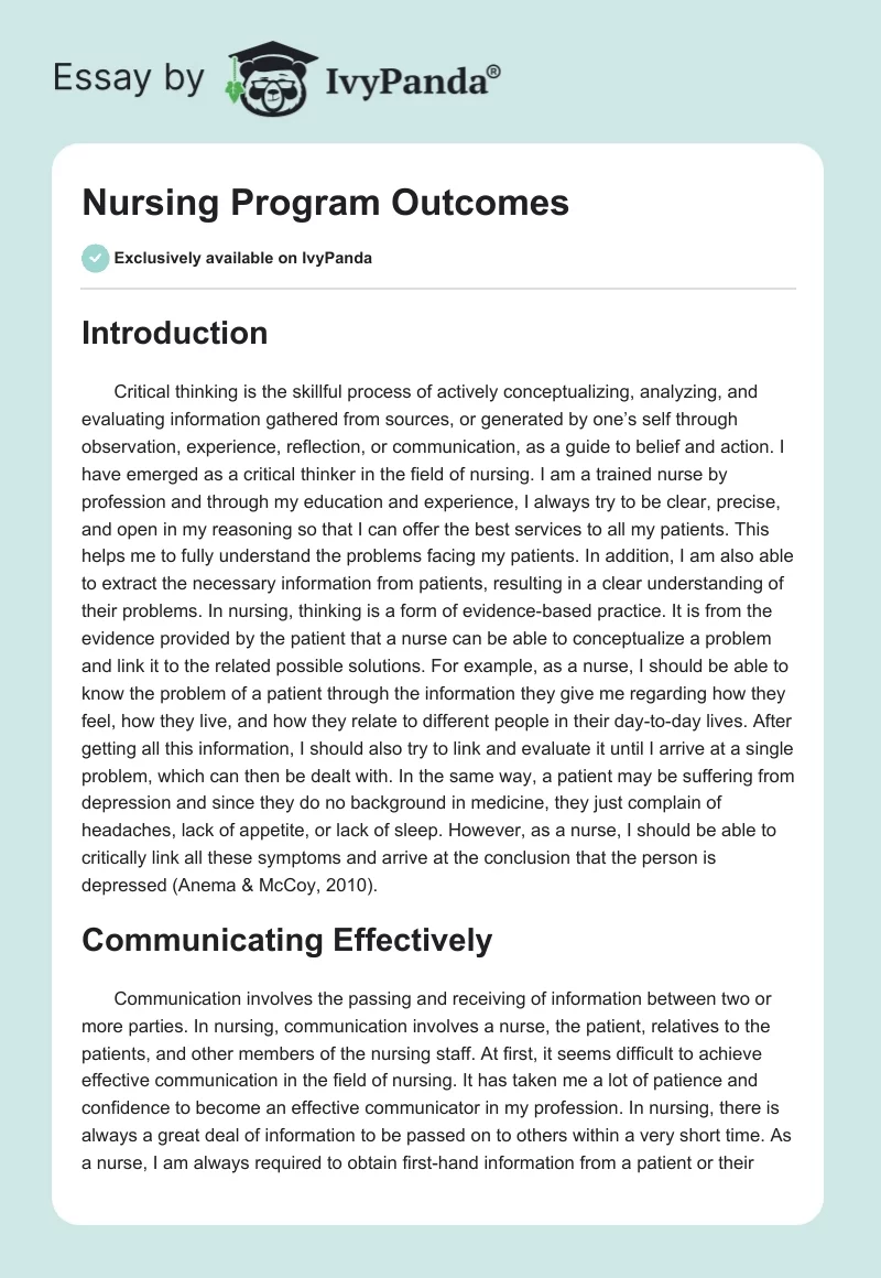 Nursing Program Outcomes. Page 1