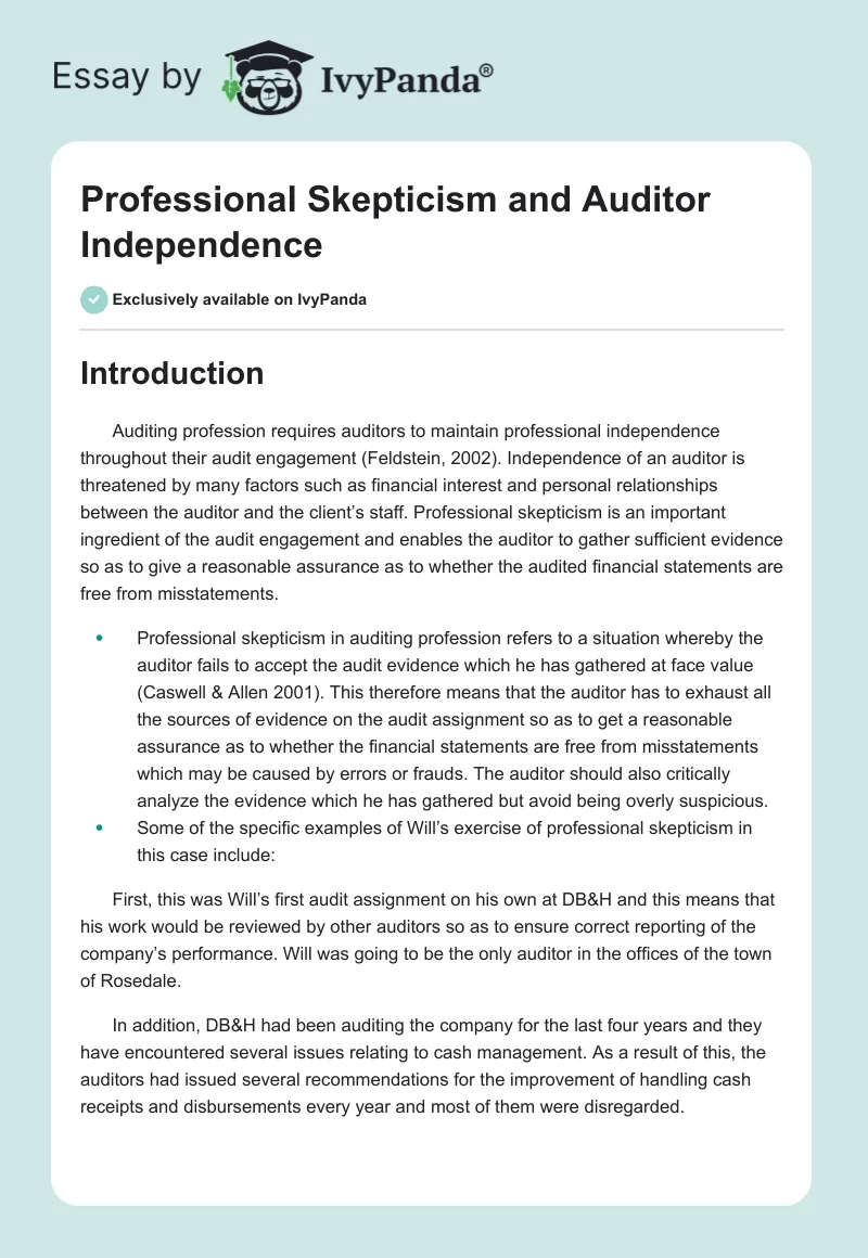 Professional Skepticism and Auditor Independence. Page 1