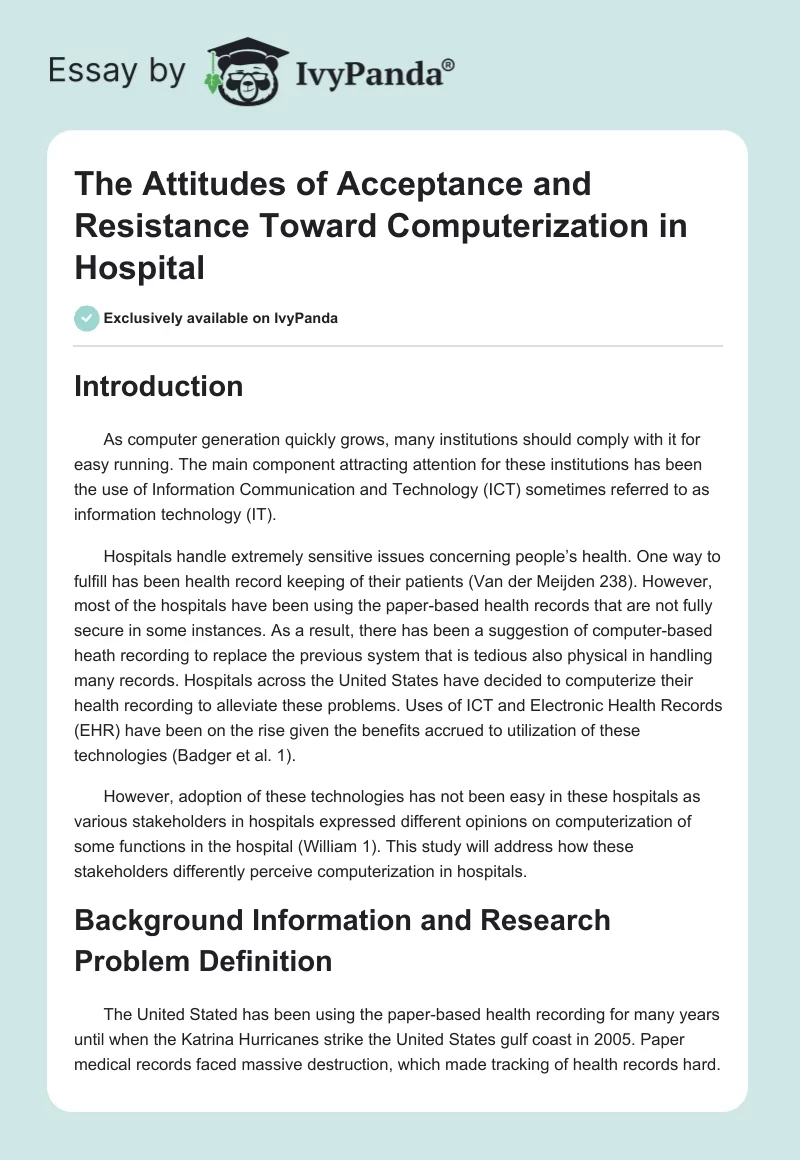 The Attitudes of Acceptance and Resistance Toward Computerization in Hospital. Page 1