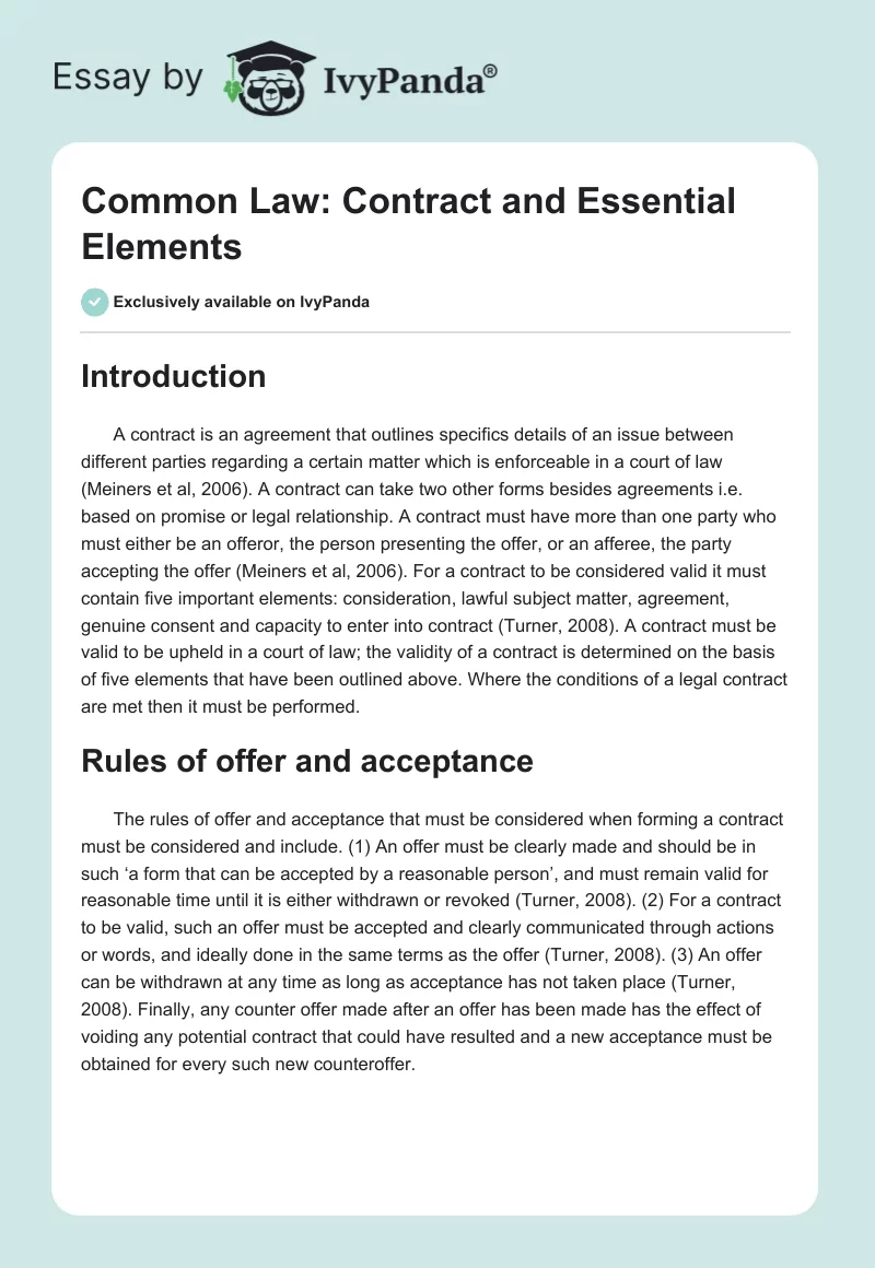 Common Law: Contract and Essential Elements. Page 1