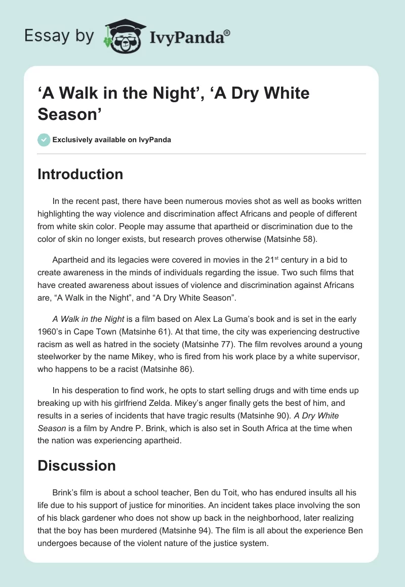 ‘A Walk in the Night’, ‘A Dry White Season’. Page 1