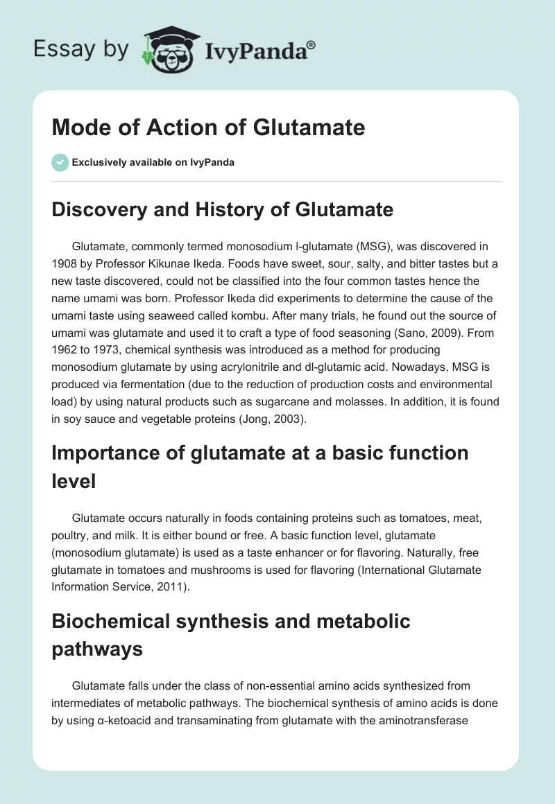 Mode of Action of Glutamate. Page 1