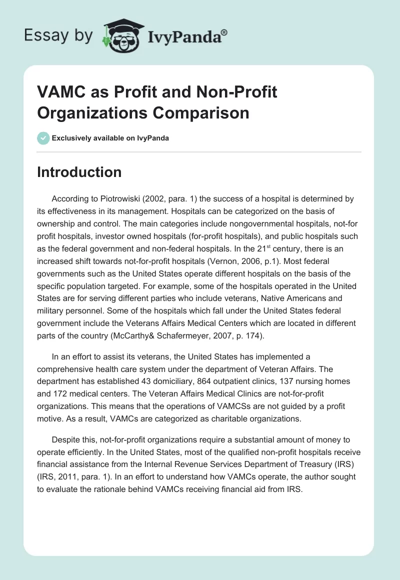 VAMC as Profit and Non-Profit Organizations Comparison. Page 1