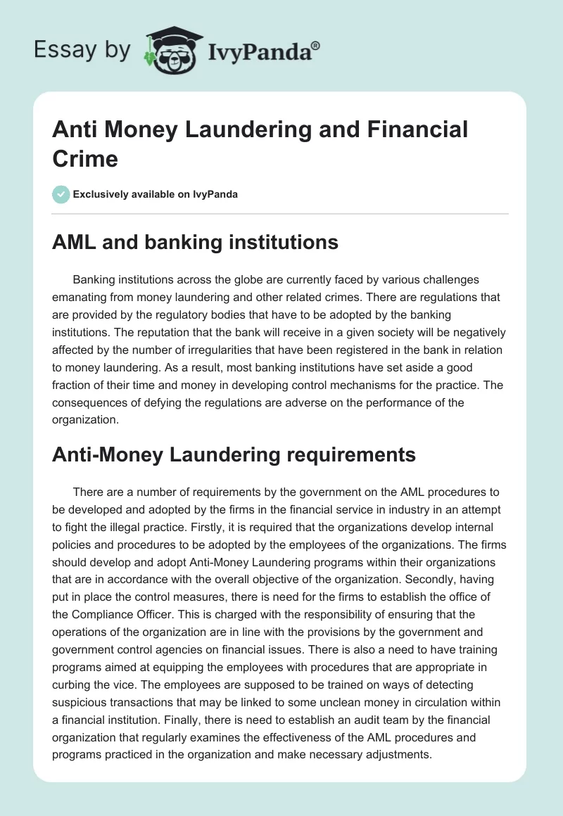 Anti Money Laundering and Financial Crime. Page 1