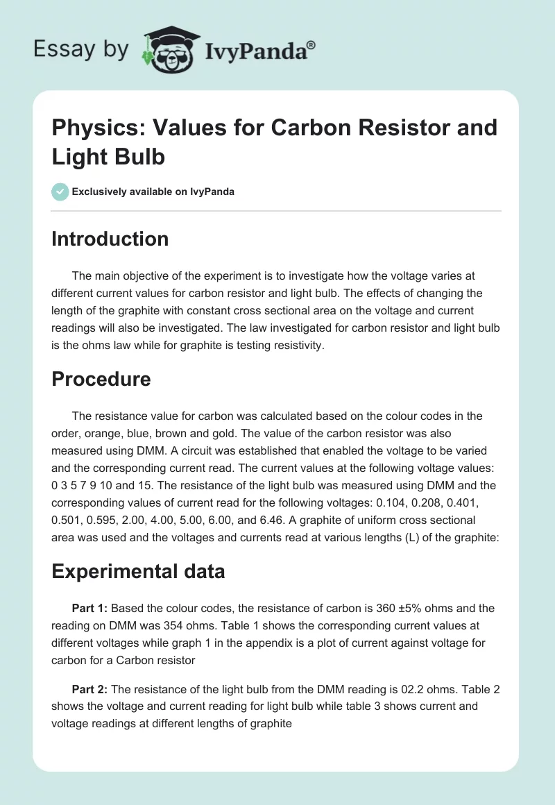 Physics: Values for Carbon Resistor and Light Bulb. Page 1