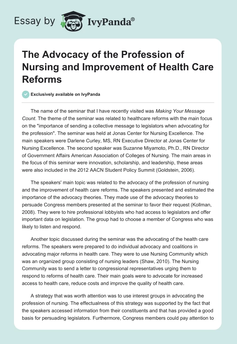 The Advocacy of the Profession of Nursing and Improvement of Health Care Reforms. Page 1