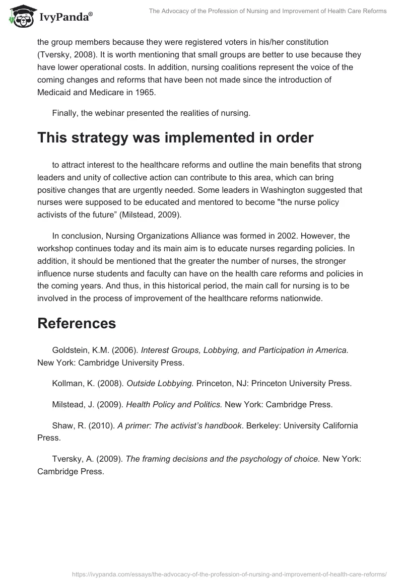The Advocacy of the Profession of Nursing and Improvement of Health Care Reforms. Page 2