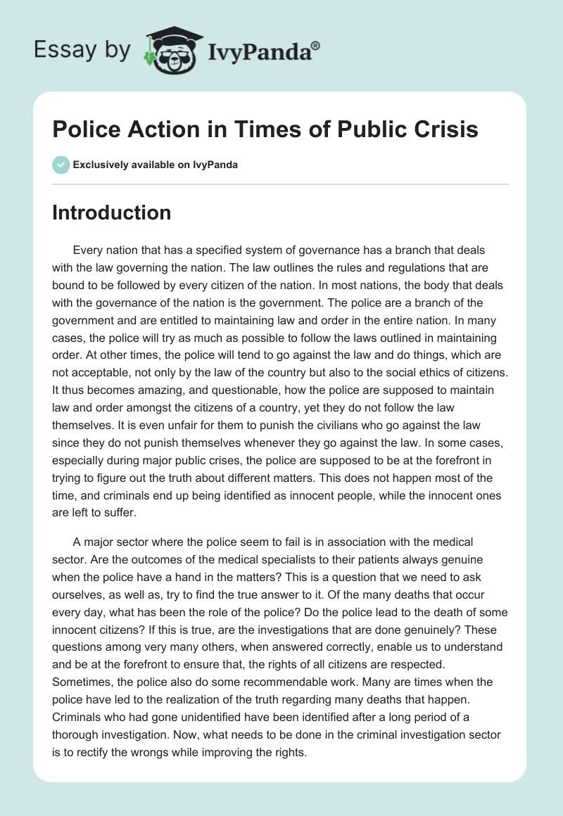 Police Action in Times of Public Crisis. Page 1