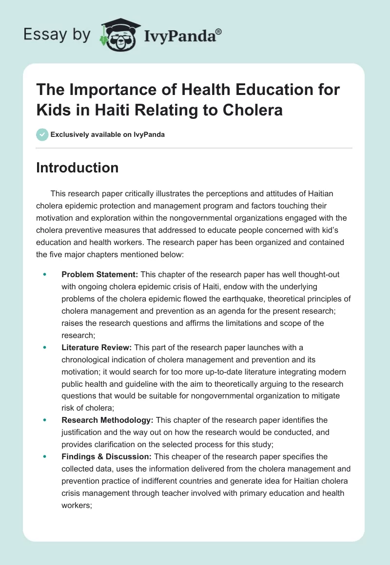 The Importance of Health Education for Kids in Haiti Relating to Cholera. Page 1