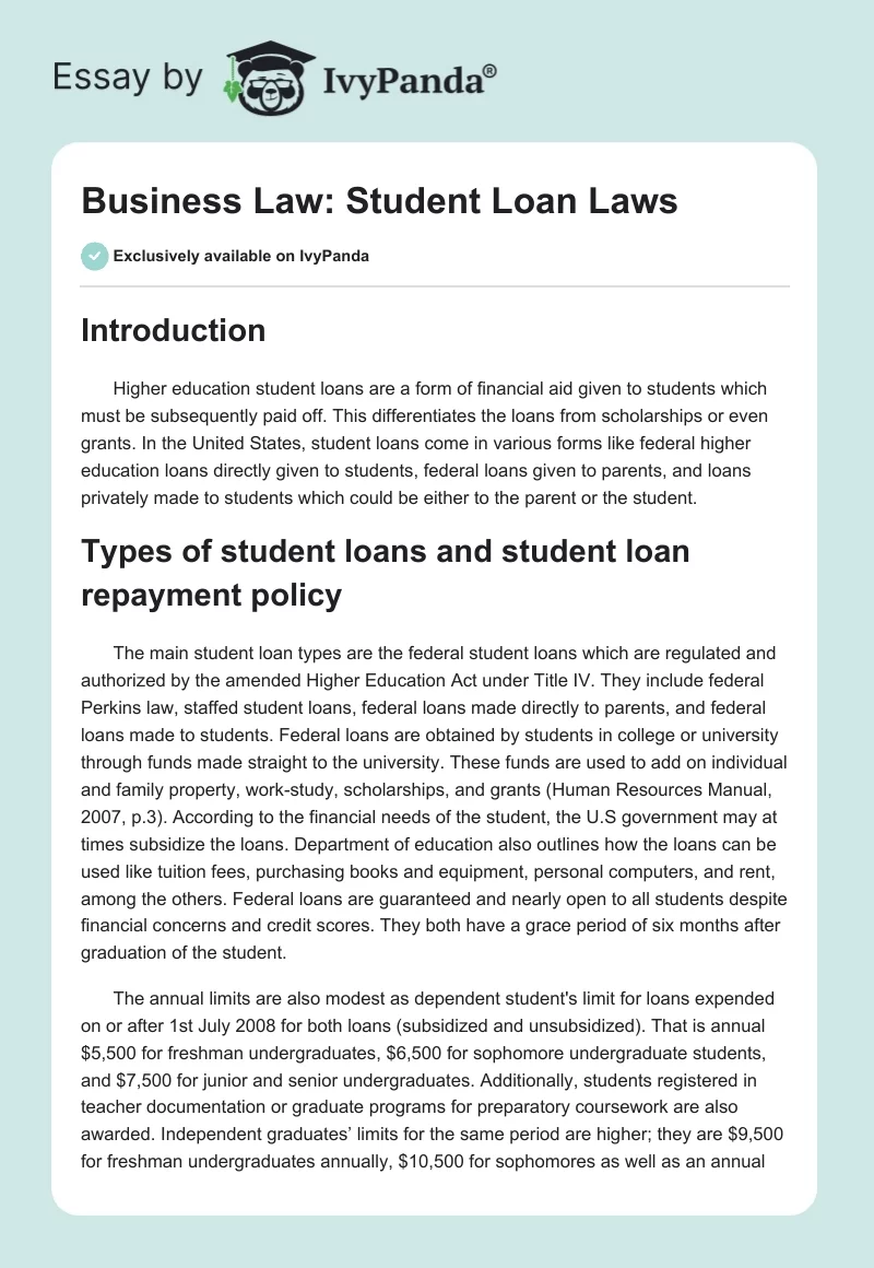Business Law: Student Loan Laws. Page 1