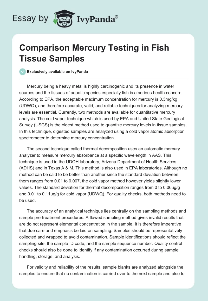 Comparison Mercury Testing in Fish Tissue Samples. Page 1