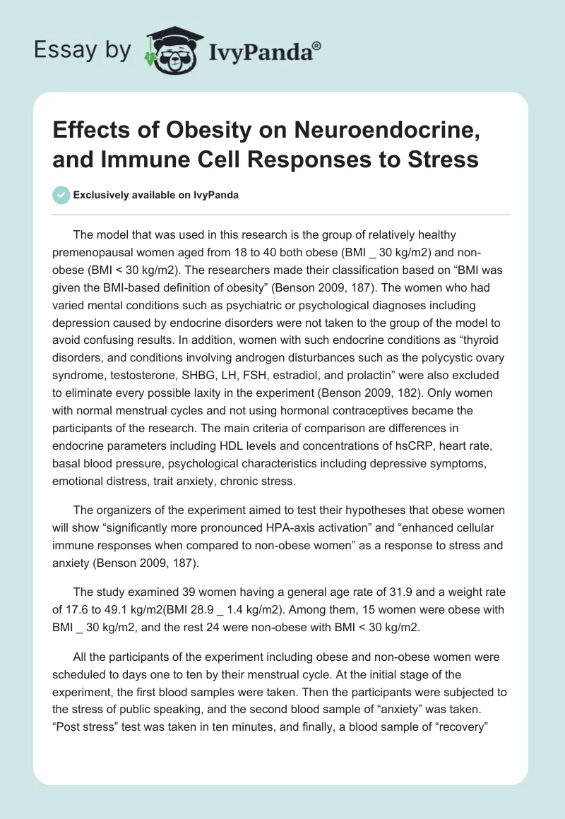 Effects of Obesity on Neuroendocrine, and Immune Cell Responses to Stress. Page 1