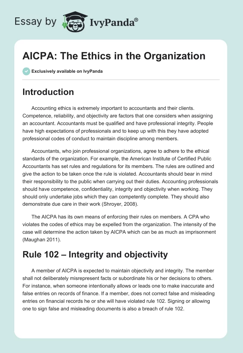 AICPA: The Ethics in the Organization. Page 1