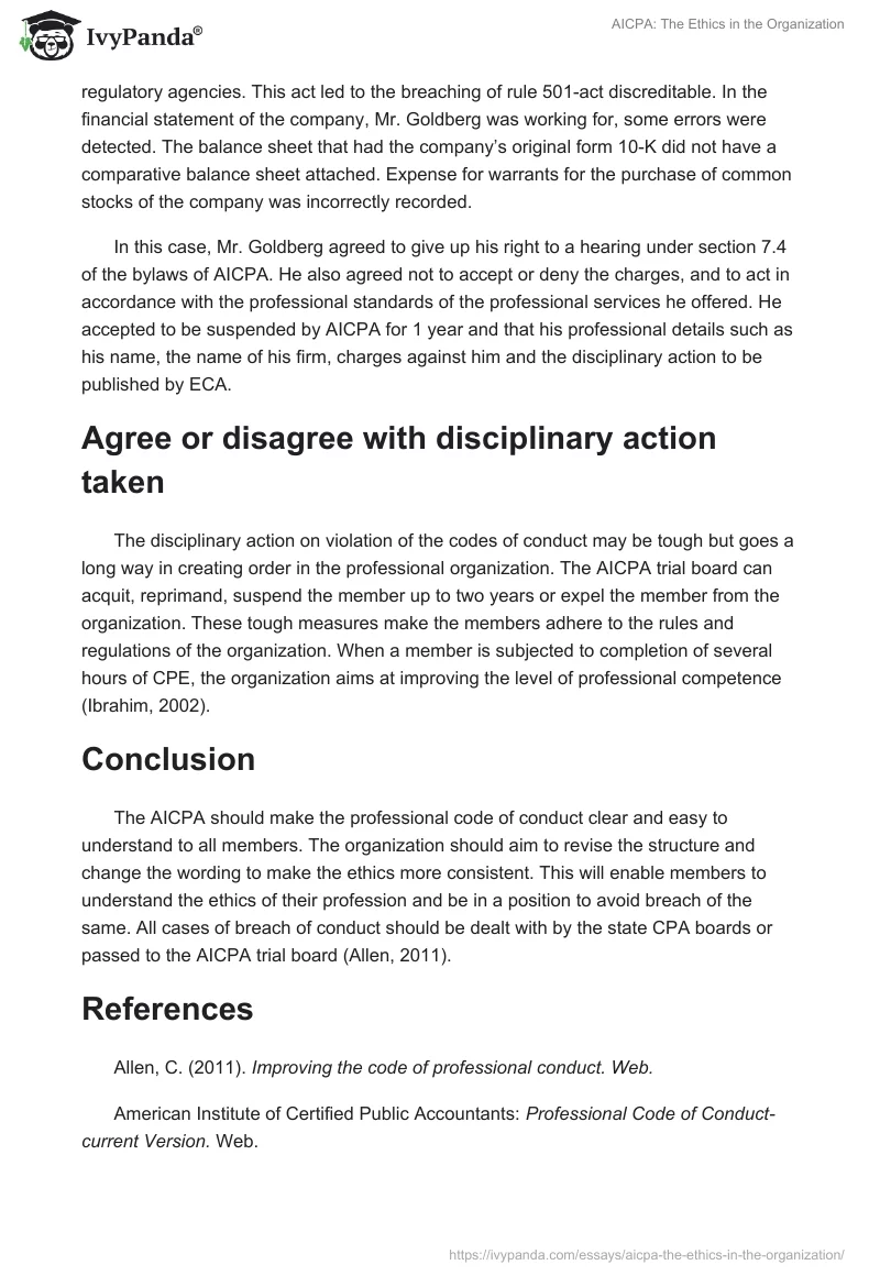 AICPA: The Ethics in the Organization. Page 4