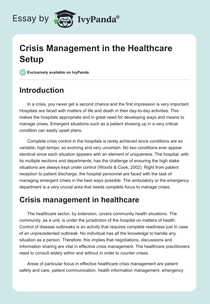 Crisis Management in the Healthcare Setup. Page 1