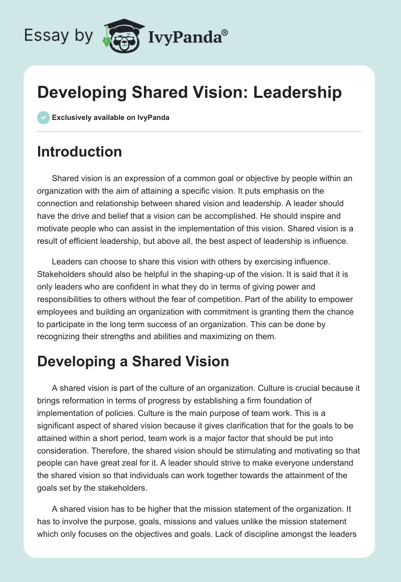 Developing Shared Vision: Leadership. Page 1