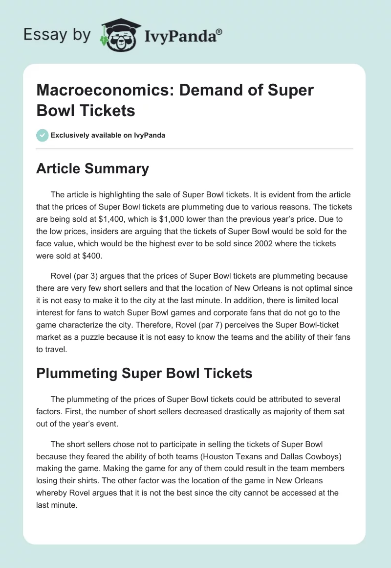 Macroeconomics: Demand of Super Bowl Tickets. Page 1