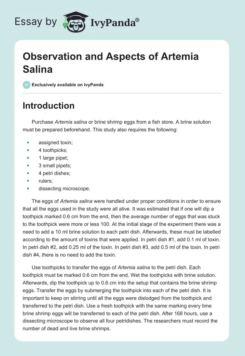 Observation and Aspects of Artemia Salina. Page 1