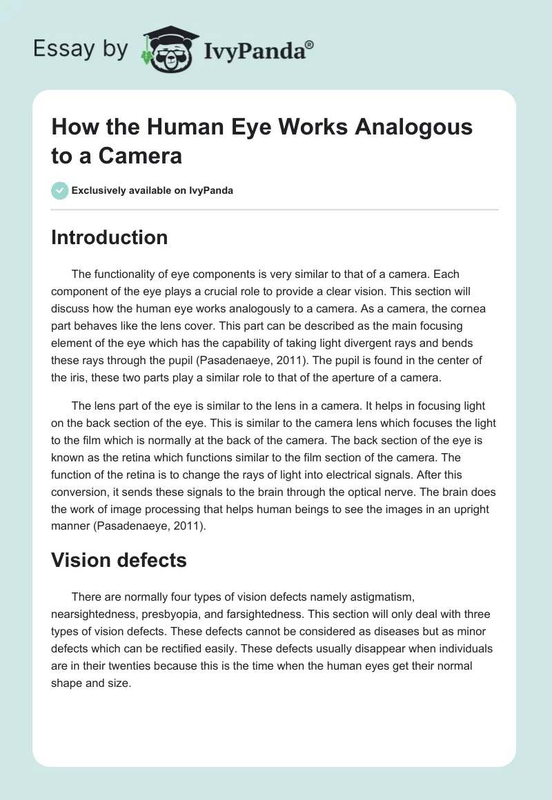 How the Human Eye Works Analogous to a Camera. Page 1