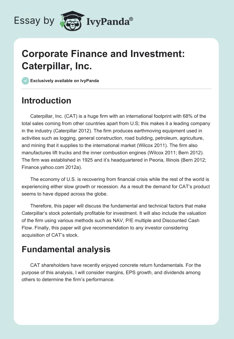 Corporate Finance and Investment: Caterpillar, Inc.. Page 1
