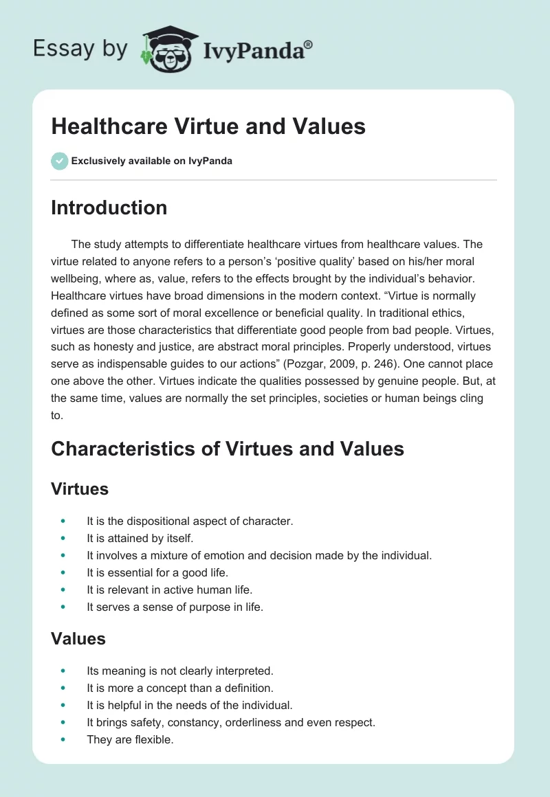 Healthcare Virtue and Values. Page 1