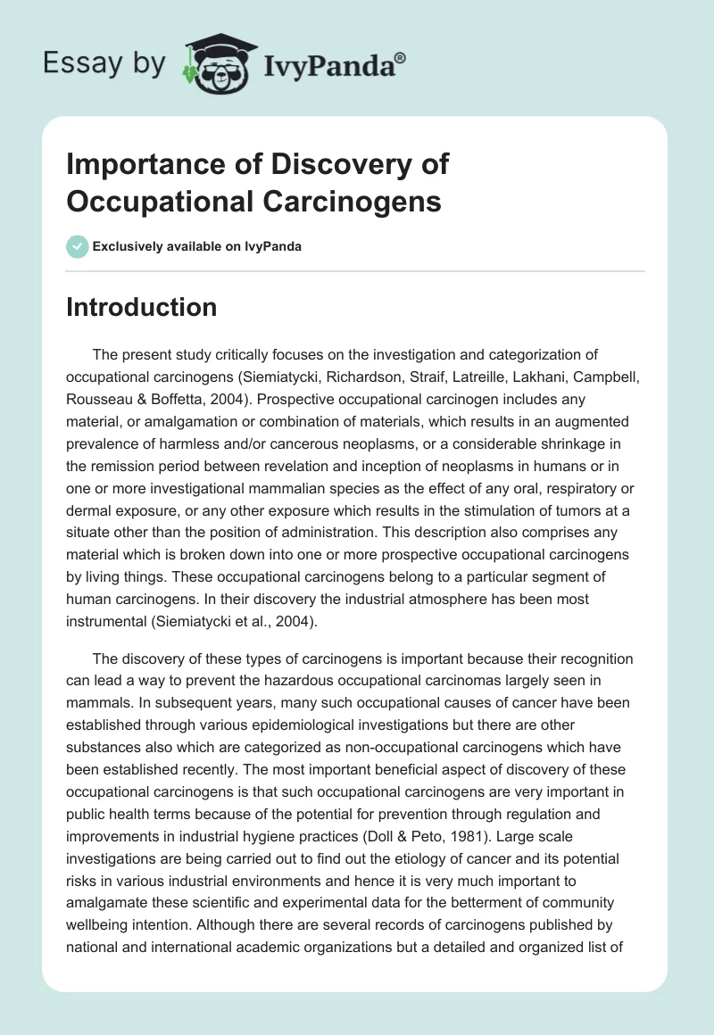 Importance of Discovery of Occupational Carcinogens. Page 1