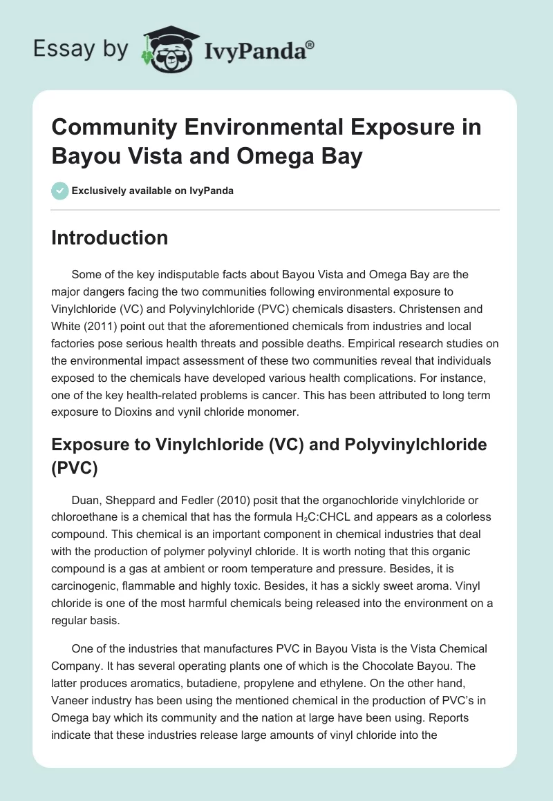 Community Environmental Exposure in Bayou Vista and Omega Bay. Page 1