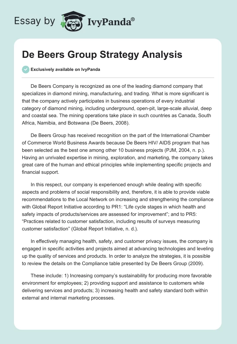 De Beers Group Strategy Analysis. Page 1