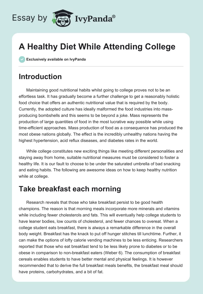 A Healthy Diet While Attending College. Page 1