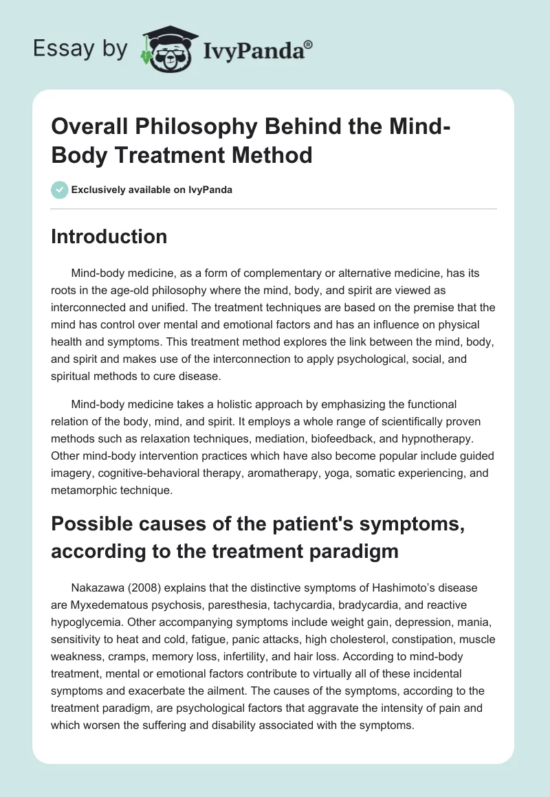 Overall Philosophy Behind the Mind-Body Treatment Method. Page 1