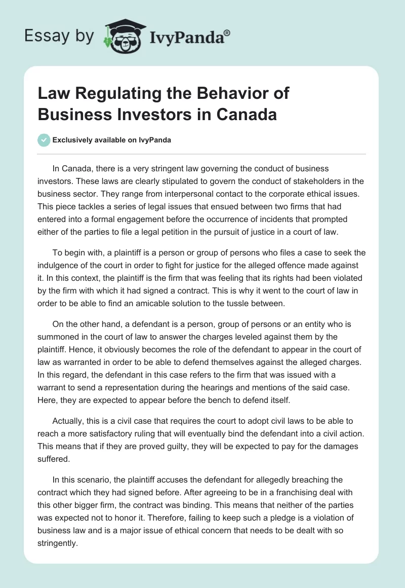 Law Regulating the Behavior of Business Investors in Canada. Page 1
