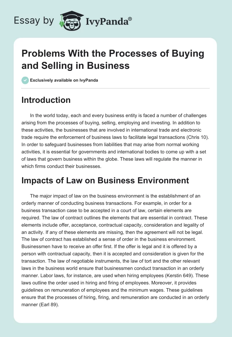 Problems With the Processes of Buying and Selling in Business. Page 1