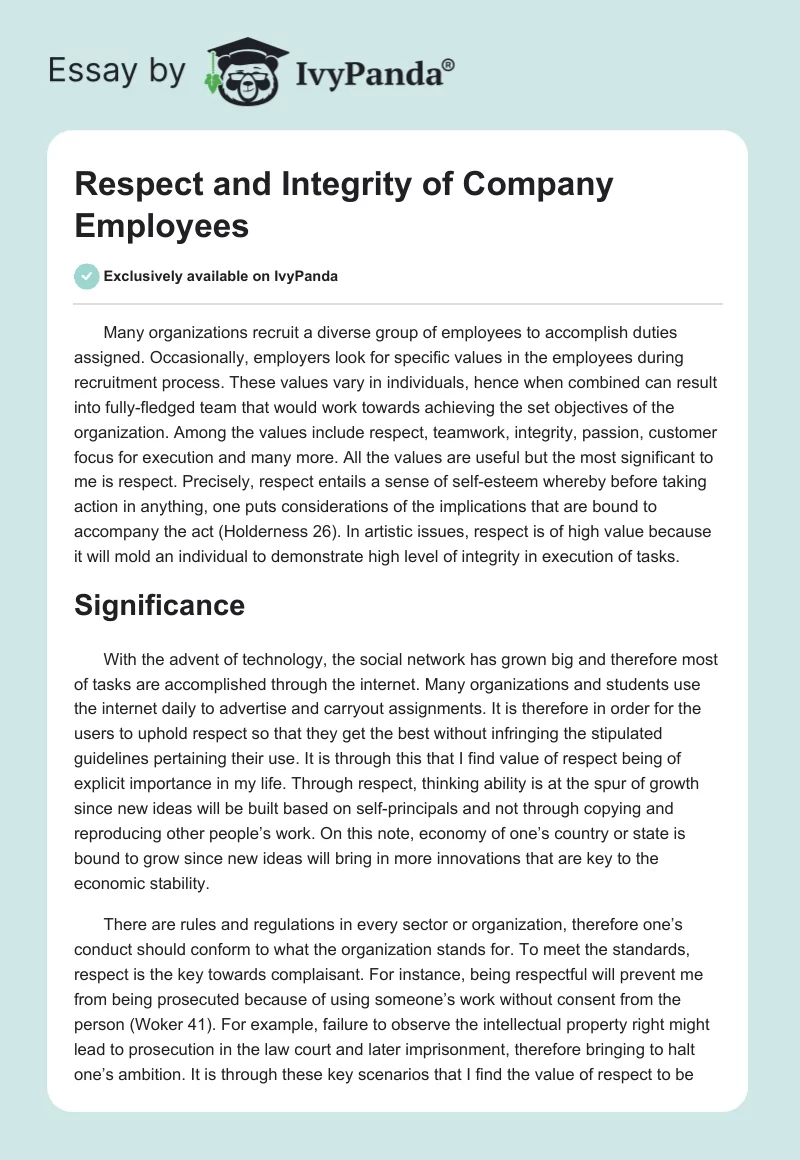 Respect and Integrity of Company Employees. Page 1