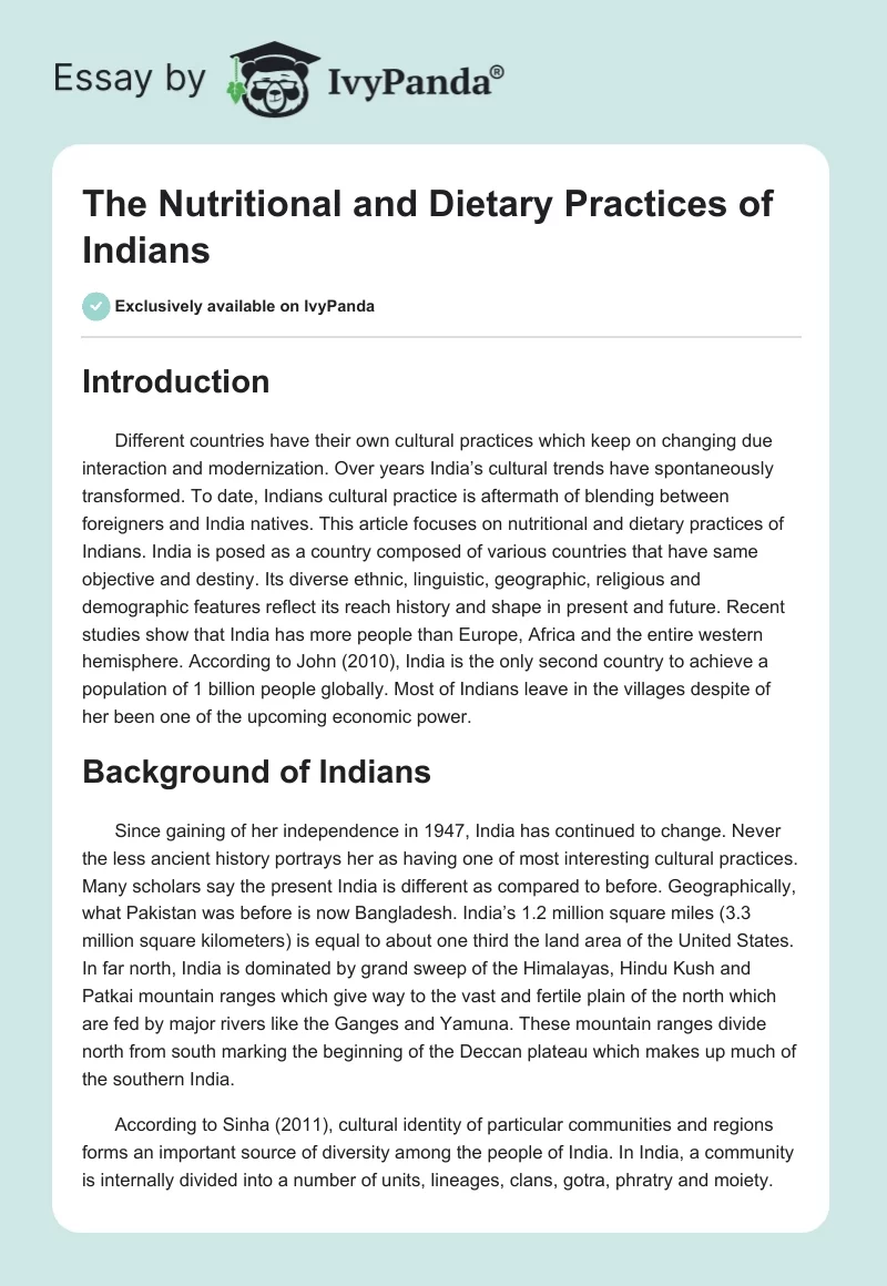The Nutritional and Dietary Practices of Indians. Page 1