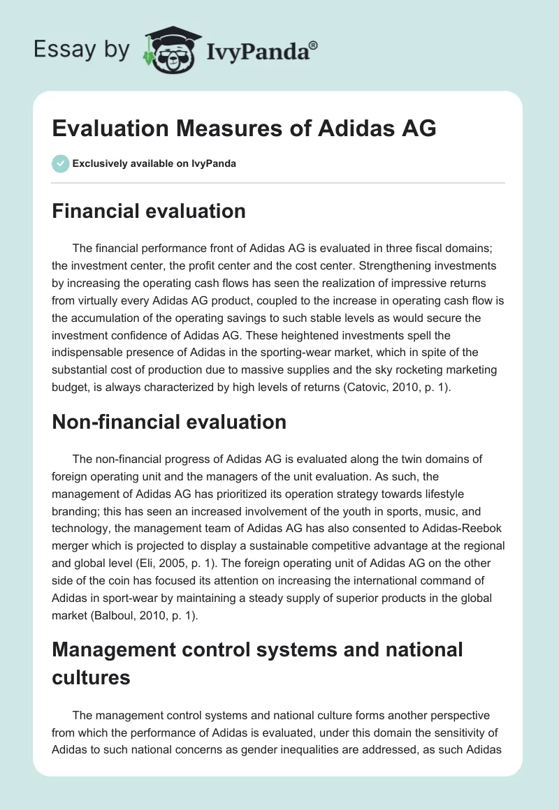 Evaluation Measures of Adidas AG. Page 1